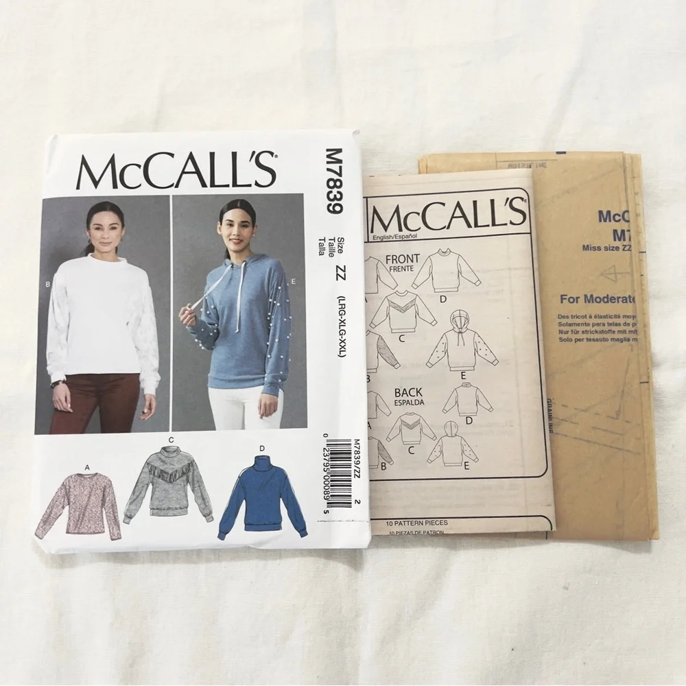 McCall’s M7839 Sewing Pattern Hoodie Sweatshirt Uncut Factory Folded